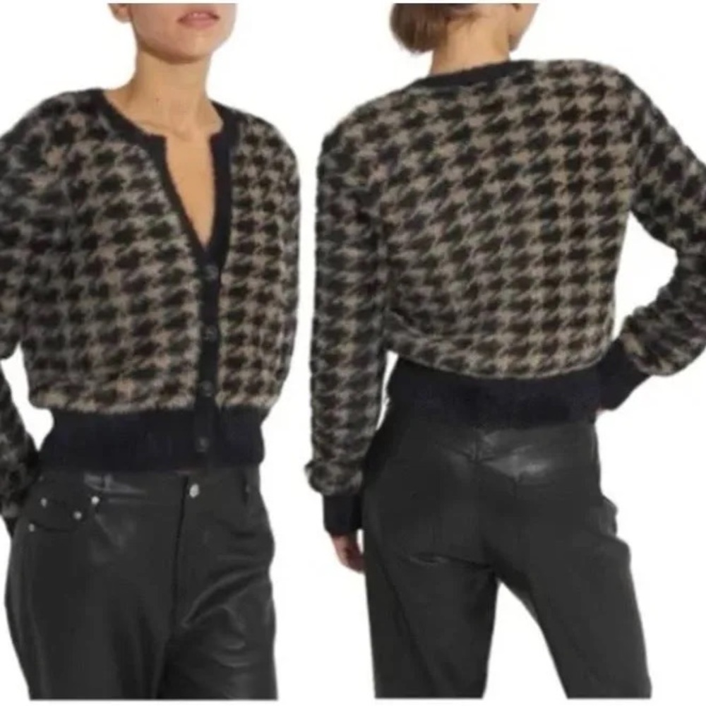 Elie Tahari Black & Beige Houndstooth Knit Cardigan Jacket